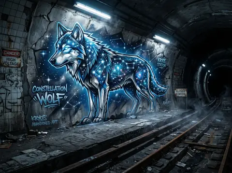 a graffiti street mural of a mysterious constellation wolf standing alone on an - AI生成图片 2