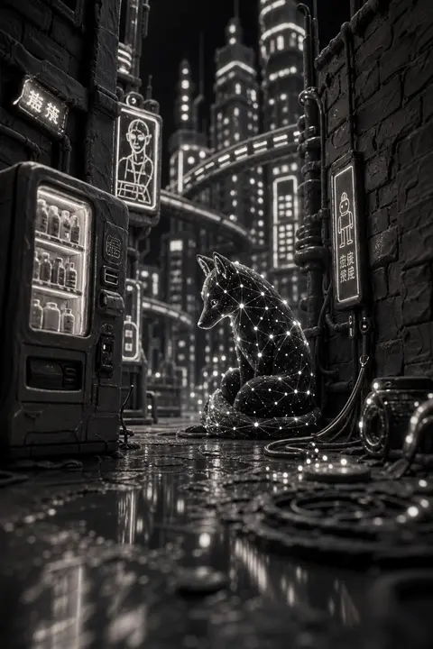 粘土定格动画质感的竖幅画面：一只由星座骨架与细小星尘节点构成的孤狼蜷坐在雨夜霓虹巨城的窄巷尽头，轮廓像骨白星图在深炭黑空气中微微发亮；湿漉漉的抛光铬金属路面倒映 - AI生成图片 1
