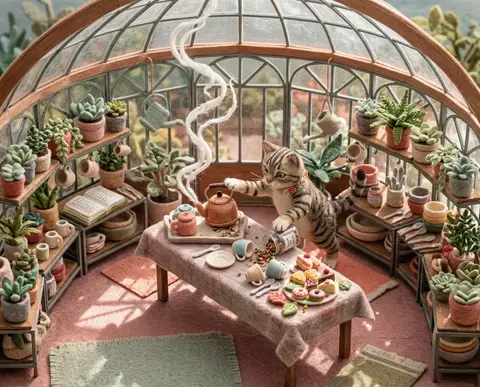 等距微缩场景，一只掌管茶舍的虎斑猫在通透温室中央的软毡长桌上掀起忙乱晨间仪式：前爪同时拨动小铜壶、倾倒花草茶罐、踩乱点心托盘，茶蒸汽像卷曲丝带冲上玻璃穹顶；四周 - AI生成图片 3