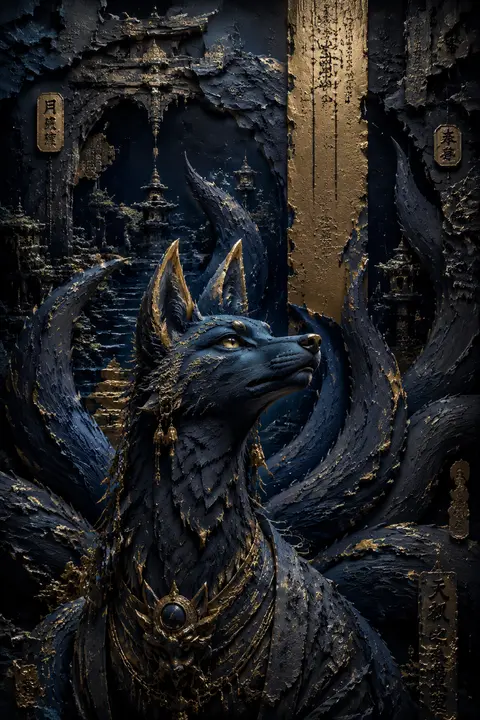 一位虚构的九尾狐灵立于被雨水浸透的古老神殿废墟中央，低机位逼近式半身特写，胸口以上入画，修长颈线与锐利侧脸被戏剧性光影切开，九条尾巴如警觉展开的战旗般在身后层层 - AI生成图片 2