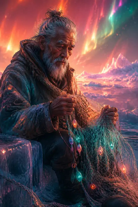 An elderly fisherman seated alone on a low ice ledge in a vast frozen tundra ben - AI生成图片 2