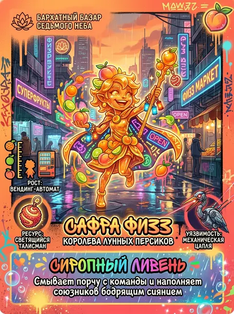 Карточка героя для детской MOBA-игры: в центре композиции озорная торговка фрукт - AI生成图片 2