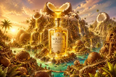 Epic surreal advertising artwork featuring a lavish bottle of `Solara Isle Cocon - AI生成图片 1