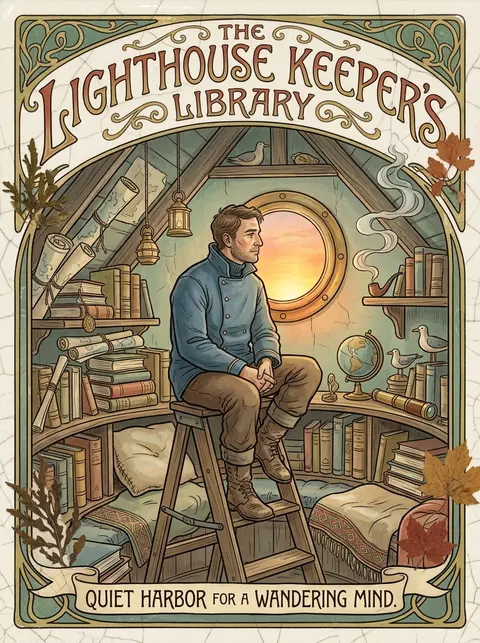 An intimate art nouveau poster of a solitary lighthouse keeper seated cross-legg - AI生成图片 4