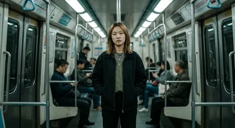 一张电影感十足的写实人像照片：年轻女性“林见遥”站在老式地铁车厢中央，正对镜头，身体微微放松，双手插在裤袋里，神情平静、冷淡，带着若有若无的疏离感。她有浅棕色中 - AI生成图片 2