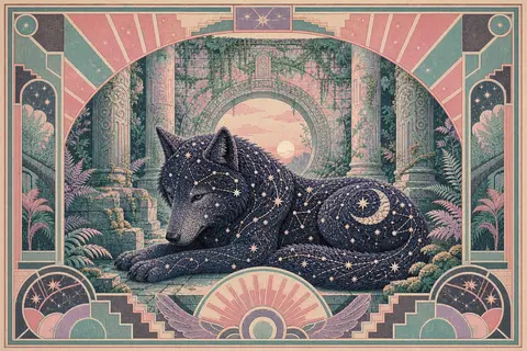 A solitary wolf woven from midnight constellations rests silently inside ancient - AI生成图片 2