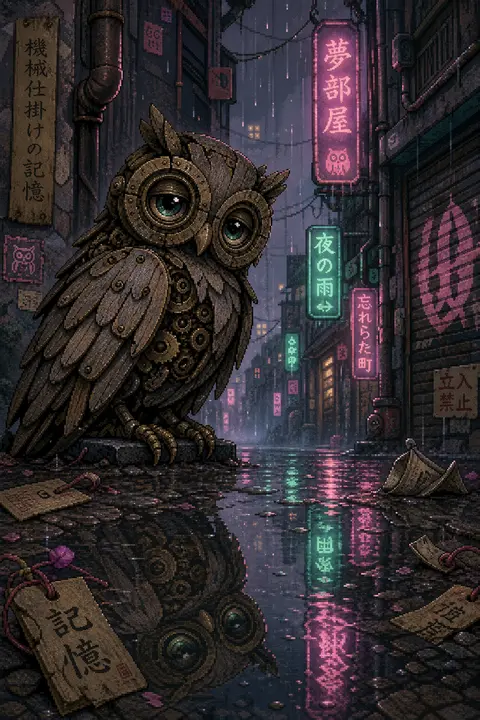 A solitary clockwork owl assembled from weathered driftwood and tarnished brass - AI生成图片 3