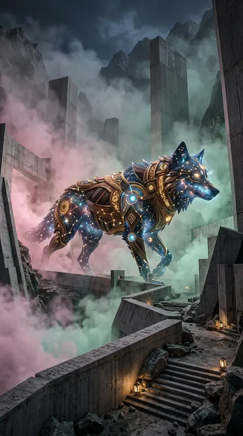 Epic monumental scene in a fog-drenched mountain pass: a colossal wolf formed fr - AI生成图片 4