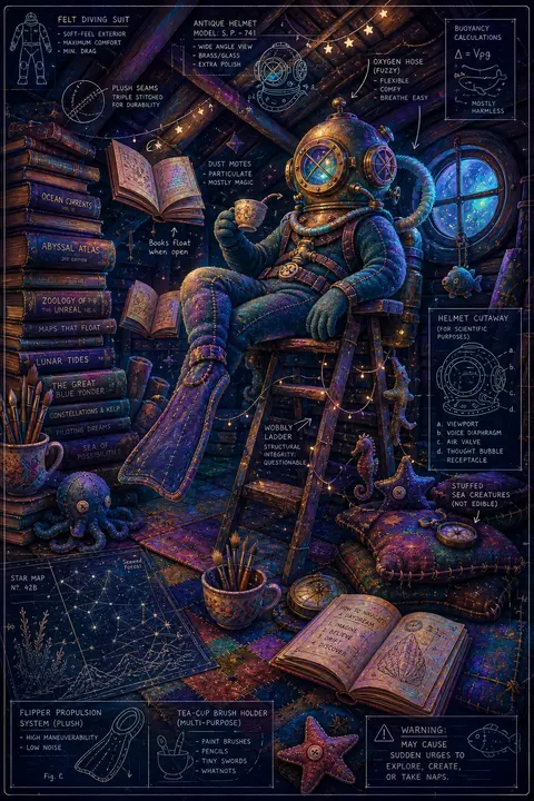 A whimsical deep-sea diver in a bulbous antique helmet lounges atop a wobbling l - AI生成图片 2