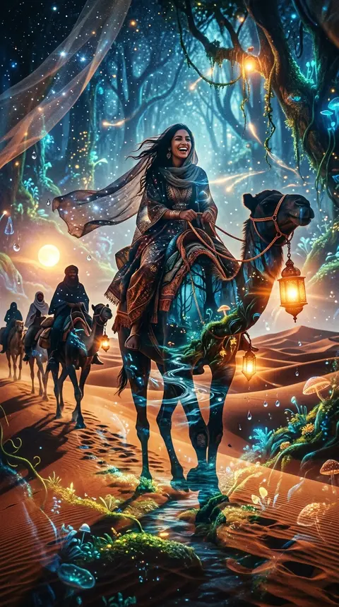 A joyful desert nomad caravan gliding through a bioluminescent night forest, ren - AI生成图片 3
