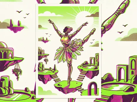 A joyful sun-drenched risograph poster of a robotic ballet dancer poised on a dr - AI生成图片 1