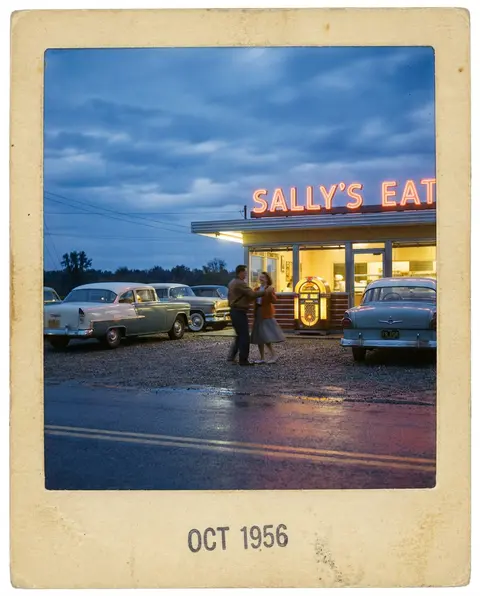 1956 roadside diner at blue hour, a young couple spontaneously slow dancing besi - AI生成图片 1