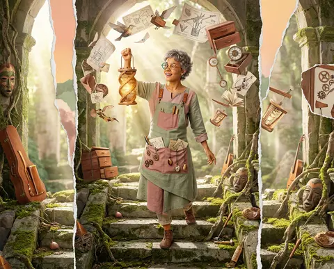 9:16 vertical frame, surrealist photo collage with editorial realism, joyful sun - AI生成图片 1