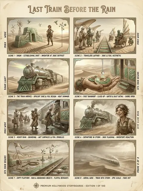 Premium Hollywood storyboard sheet, 8 cinematic panels, titled "LAST TRAIN BEFOR - AI生成图片 3