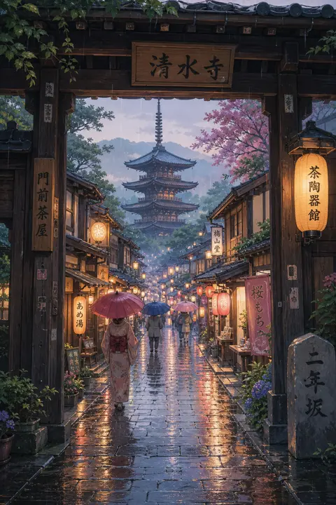 A serene rainy day in a traditional Japanese town, with a temple street leading - AI生成图片 3