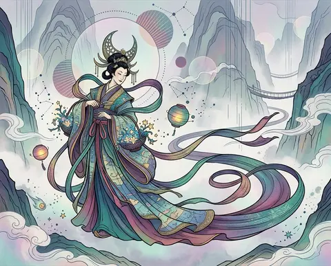 celestial gardener tending newborn stars along a fog-shrouded mountain pass, pla - AI生成图片 1