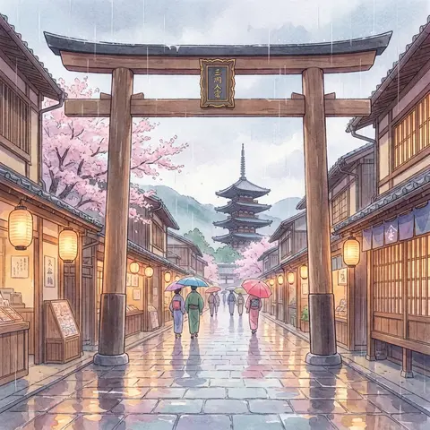 A serene rainy day in a traditional Japanese town, with a temple street leading - AI生成图片 2
