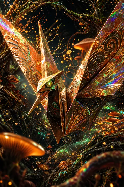 A sentient origami paper crane mid-surge through a bioluminescent night forest, - AI生成图片 1