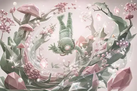 一位圆头铜盔的深海潜行者倒挂在发光夜林中央，像误入童话的探险家，笨拙又神气地伸手追逐四周被“看不见的牵引”卷起的奇异景象；整个人物与装备被重塑为 carved - AI生成图片 1