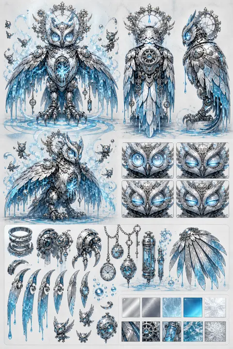 official character concept sheet for a clockwork owl chaos caster, rendered as a - AI生成图片 1