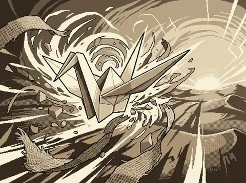 Vertical 9:16 poster, a sentient origami paper crane mid-whirl in a windswept da - AI生成图片 2