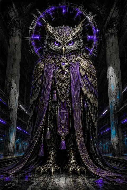 colossal clockwork owl poised on a deserted subway platform swallowed by cathedr - AI生成图片 2