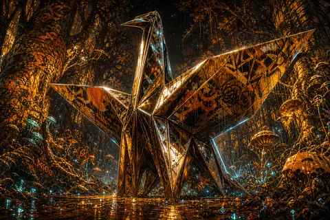 一只觉醒的折纸纸鹤以巨像般姿态矗立在会发光的夜林中央，身体并非纸感而是镜面抛光铬金属折叠而成，锋利折线像纪念碑雕塑般展开，翼面覆盖大面积粗犷喷漆、滴落颜料、手写 - AI生成图片 1