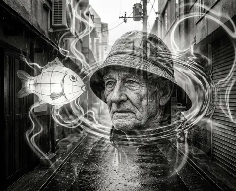 Monochrome charcoal-and-bone-white double-exposure editorial portrait of an elde - AI生成图片 2