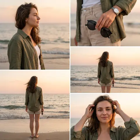 Ultra-realistic DSLR cinematic beach photoshoot collage featuring the SAME girl - AI生成图片 1