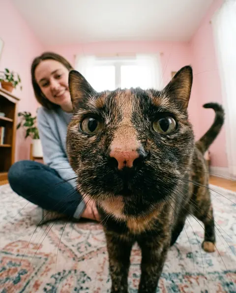 Create an image of me in the same frame as a cat. In a realistic photographic st - AI生成图片 1