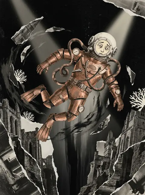 hero splash art of a deep-sea diver descending through a lightless trench, reima - AI生成图片 1