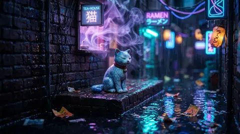 A serene tea-house cat with cracked porcelain fur sits on a rain-slick back alle - AI生成图片 2