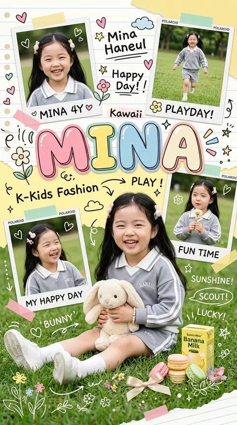 Kawaii scrapbook-style children’s photography poster, featuring little Mina Hane - AI生成图片 1