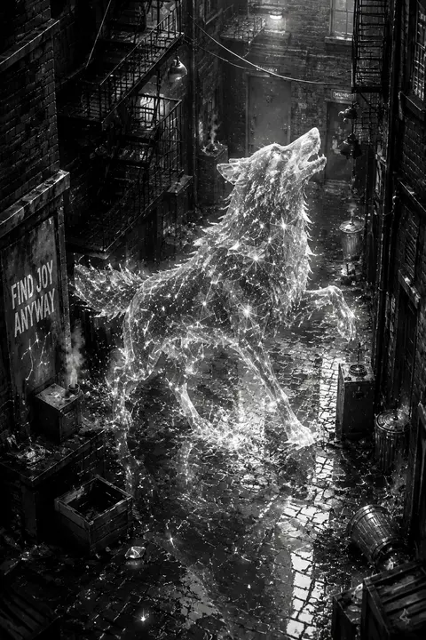 Isometric miniature tableau of a jubilant celestial wolf formed from tiny bone-w - AI生成图片 1
