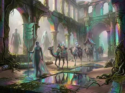 Dreamlike serene editorial tableau of a desert nomad caravan winding through anc - AI生成图片 2