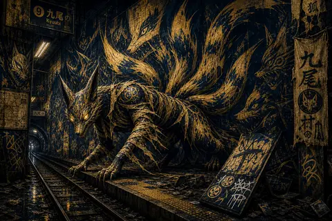 A tense cinematic graffiti street mural of a mythical nine-tailed fox spirit sta - AI生成图片 2