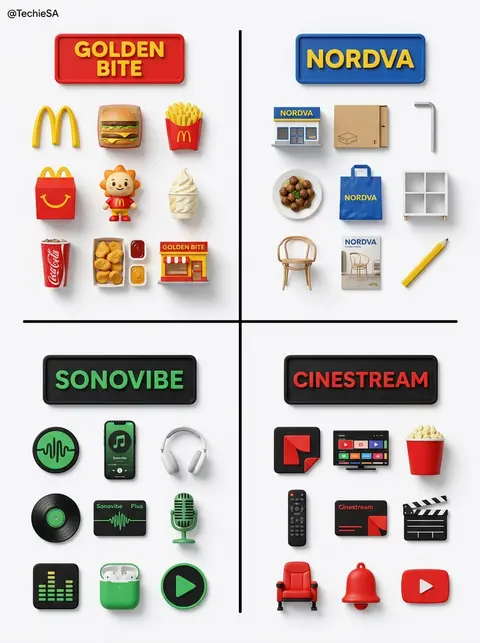 一张极简主义、高质感的品牌主题平铺摄影海报，俯视角 flat lay，纯白背景，被粗黑色十字分割线平均切成四个象限，整体构图对称、整洁、留白充足，工作室柔光照明 - AI生成图片 1