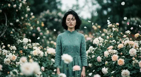 一幅电影感、梦幻写实的人像摄影作品：年轻东亚女性“林夏澜”伫立在盛放的玫瑰花园中，半身近景肖像，居中构图，直视镜头，神情安静克制，带着一丝若有若无的忧郁。她五官 - AI生成图片 1