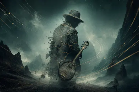 double-exposure photography of a wandering street musician in a fog-shrouded mou - AI生成图片 1