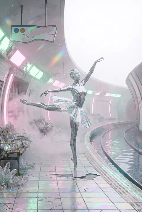 A robotic ballet dancer poised mid-arabesque on an abandoned subway platform flo - AI生成图片 3