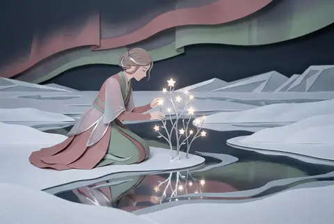 竖版 2:3 构图的前卫视觉海报，极简却充满张力：一位年轻的星穹园丁立于覆满霜晶的极地荒原，脚下不是土地，而是像被寒夜冻结的镜面汞流，薄薄铺展在雪层之间，映出破 - AI生成图片 1