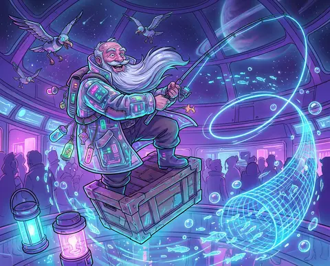 Hero splash illustration of an elderly fisherman with a wide grin and comet-silv - AI生成图片 1