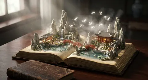 An ancient, weather-softened leather codex lies open across a near-black mahogan - AI生成图片 2