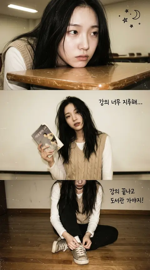 A vertical 3-panel college-era photo strip featuring Yuna Seorim, a long-haired - AI生成图片 4