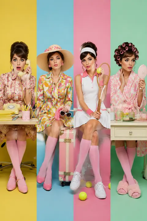 Retro studio photography featuring the same woman in four distinct character rol - AI生成图片 1
