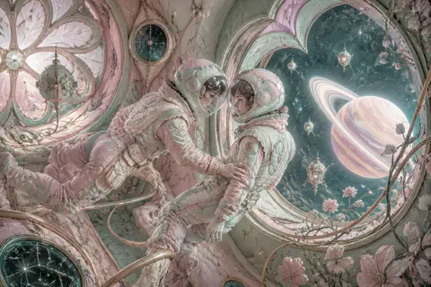 Twin astronaut explorers drifting through a hushed orbital conservatory, mirrore - AI生成图片 1