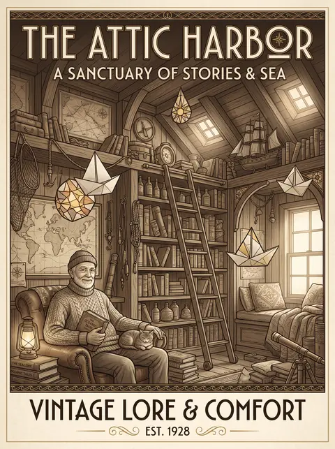an elderly fisherman in a cozy cluttered attic library, dreamlike and serene, ar - AI生成图片 1
