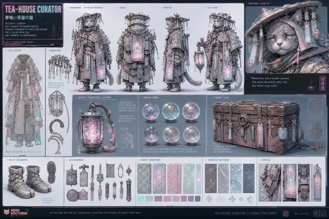 A melancholic tea-house cat rendered as a cyberpunk neon character sheet on a cl - AI生成图片 1