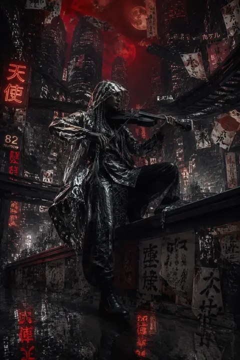 A vertical low-angle view from street level, capturing a solitary violin busker - AI生成图片 4