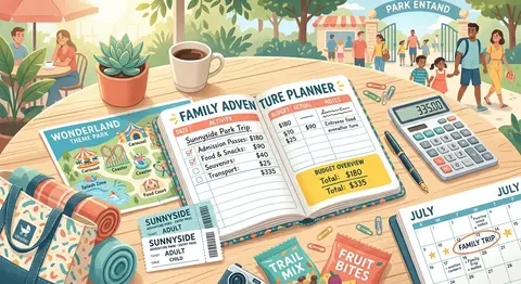 Bright editorial lifestyle illustration of a family trip budget planner spread a - AI生成图片 3